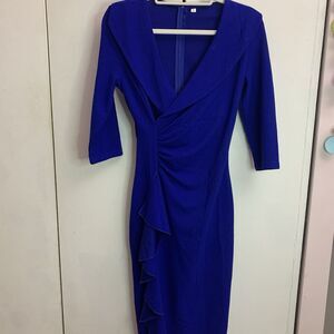 Small Woman’s 3/4 Sleeved Lapel Neck Blue Midi Dress. Amazon